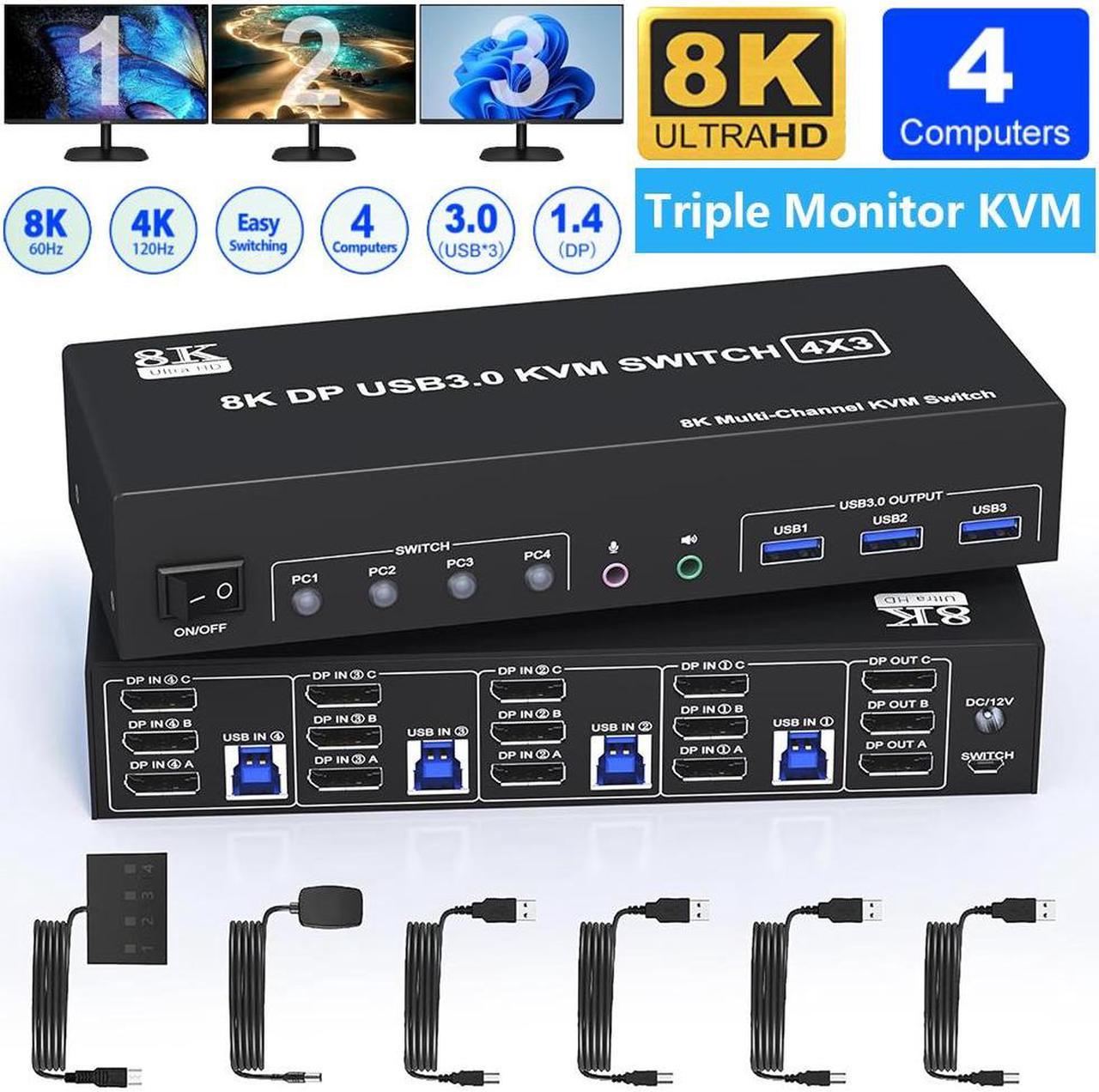 AUTYUE 8K@60Hz USB 3.0 DisplayPort KVM Switch 3 Monitors 4 Computers 4K@144Hz, Triple Monitor DP1.4 KVM Switch for 4 Computer with Audio and 3 USB 3.0 Ports, KVM Triple Monitor Keyboard Mouse Switcher