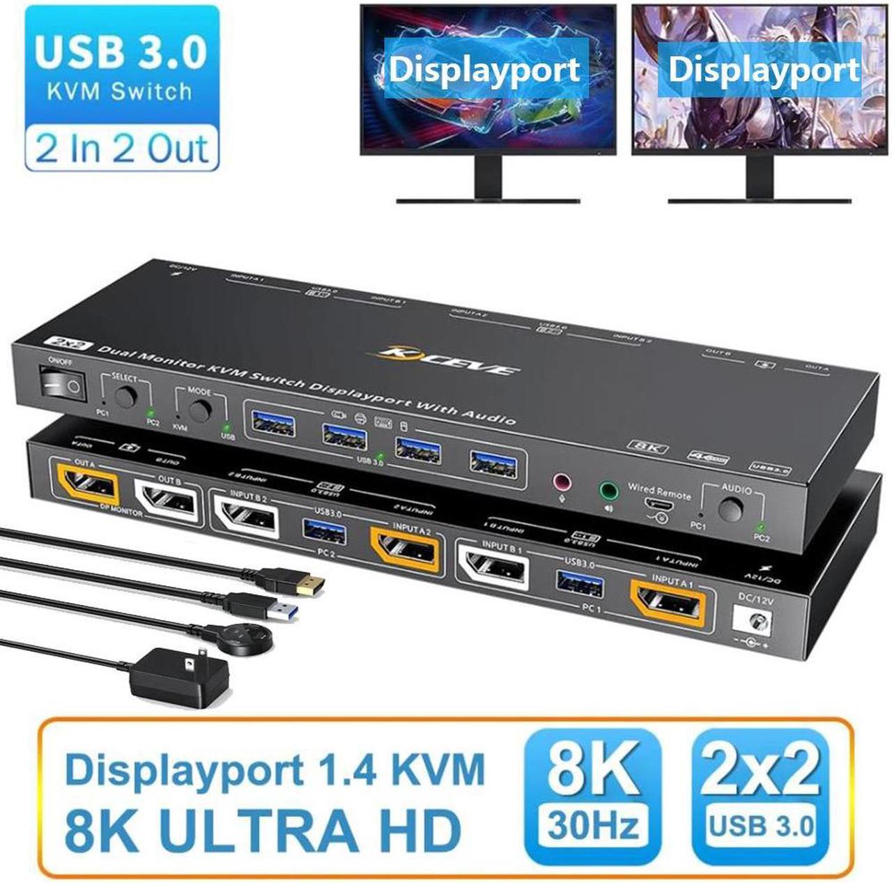 AUTYUE Voice Controlled Dual Monitor Displayport KVM Switch 2 Monitors 2 Computers 8K@30Hz 4K@144Hz, USB 3.0 DP KVM Switch 2 in 2 Out with Audio and 4 USB 3.0 Port, Support KVM Mode and USB Mode