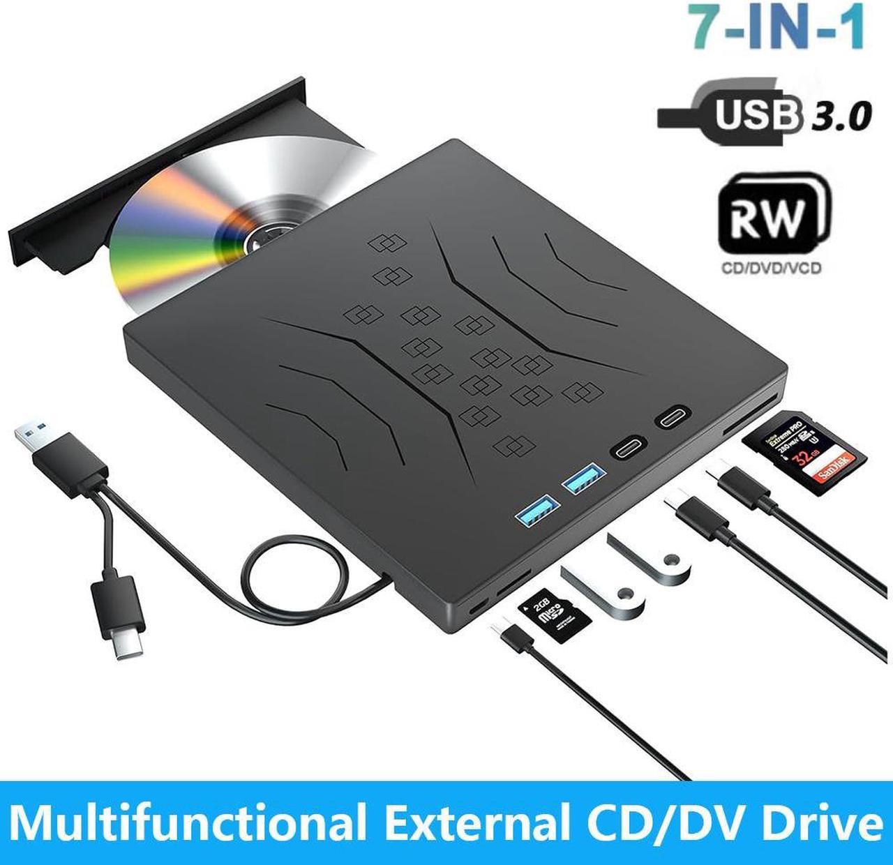 AUTYUE [7 in 1] External DVD Drive, USB 3.0 & Type-C External CD/DVD Drive, Portable CD/DVD +/-RW Disk Drive, CD/DVD Burner CD ROM External Drive for Laptop Desktop PC Windows 7/8/10/XP Mac Linux