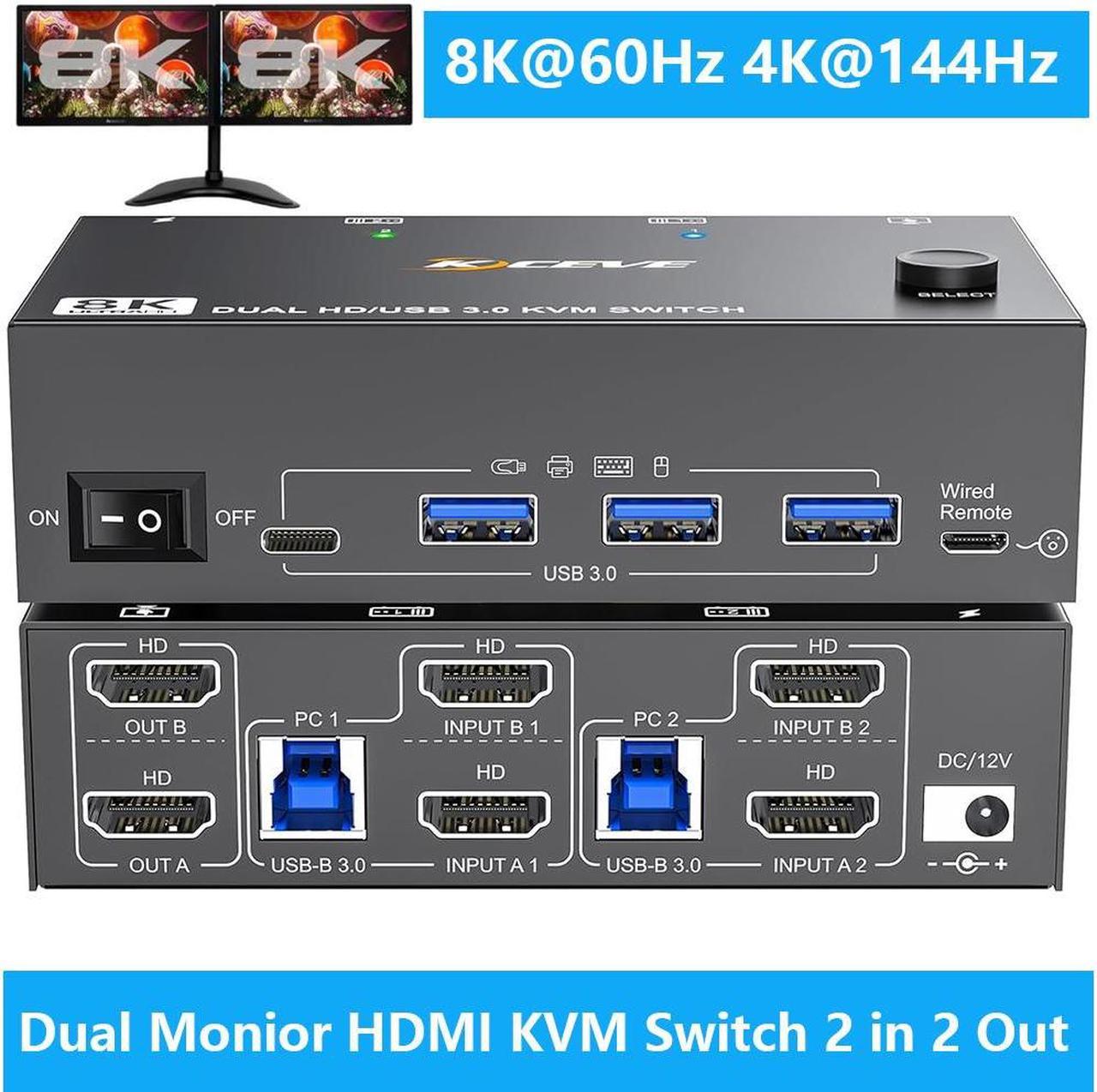 AUTYUE 8K HDMI KVM Switch 2 Monitors 2 Computers 8K@60Hz 4K@144Hz, Dual Monitor HDMI KVM Switch with 4 USB 3.0 Ports for Keyboard Mouse Printer,Wired Remote,12V Power Adapter and USB Cables Included