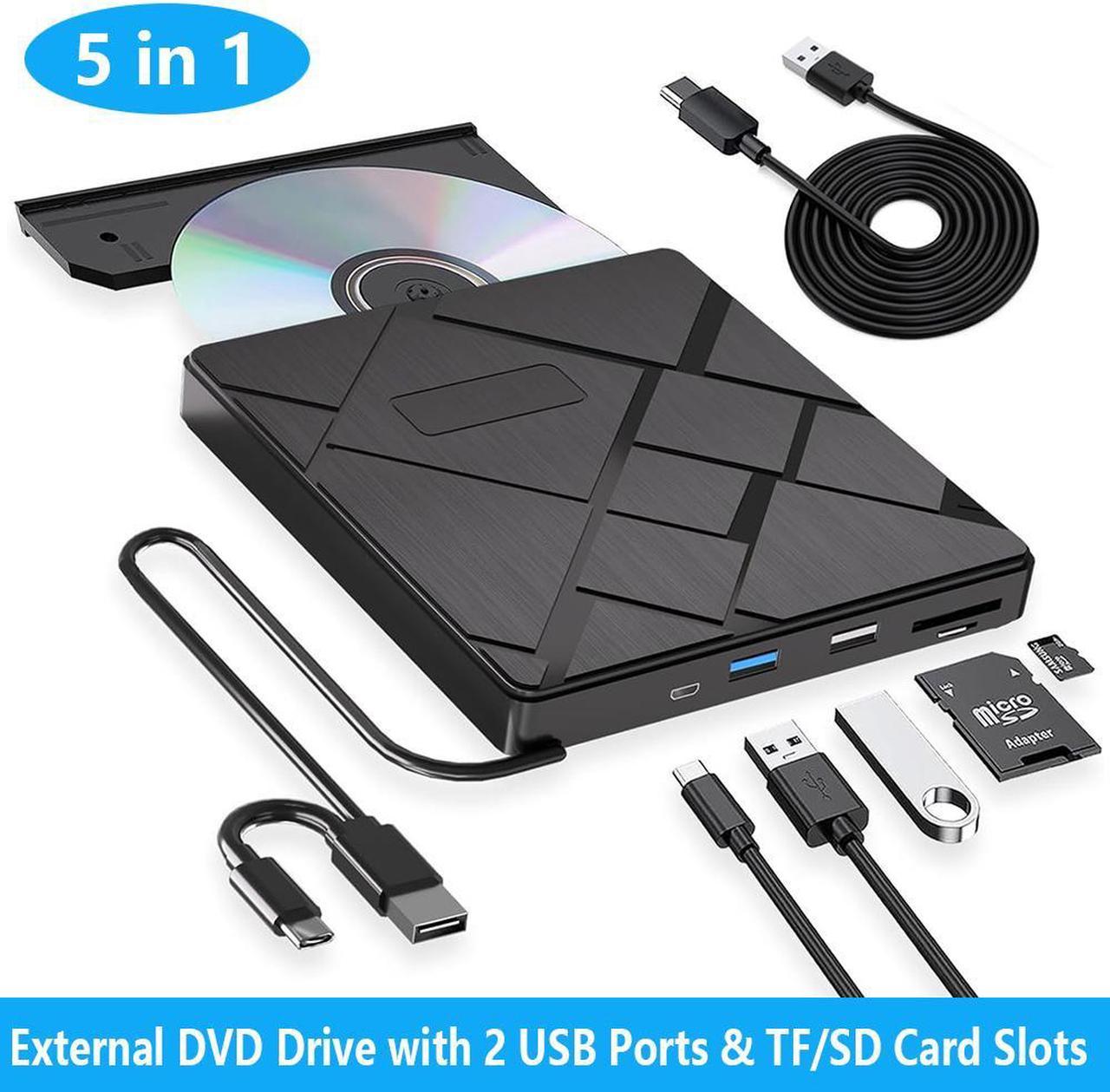 AUTYUE 5 in 1 External CD/DVD Drive for Laptop, USB 3.0 & Type C Portable DVD Write CD Burner RW ROM Optical Drive Player Reader Disk with 2 USB Ports and 2 TF/SD Card Slots for Windows, Linux, Mac OS