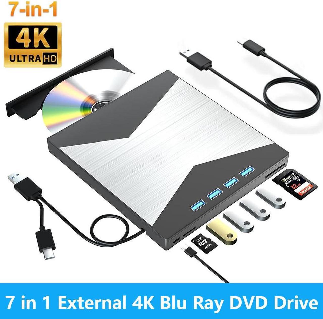 AUTYUE External Blu Ray Drive, 7 in 1 Portable Blu Ray Burner USB 3.0 Type-C UHD BD Player with SD/TF Port, CD/DVD Burner R/W 3D Blu Ray Drive, External 4K Blu Ray Drive Compatible with Windows Mac OS