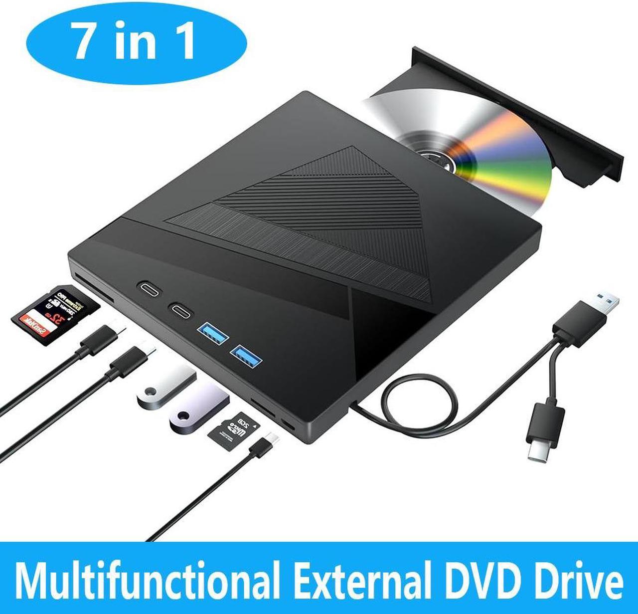 AUTYUE [7 in 1] External CD/DVD Drive for Laptop, USB 3.0 and Type-C DVD Player Portable +/-RW Burner, Reader Rewriter Writer Disk Duplicator Compatible with Latptop PC Windows XP/7/8/10, Linux Mac OS