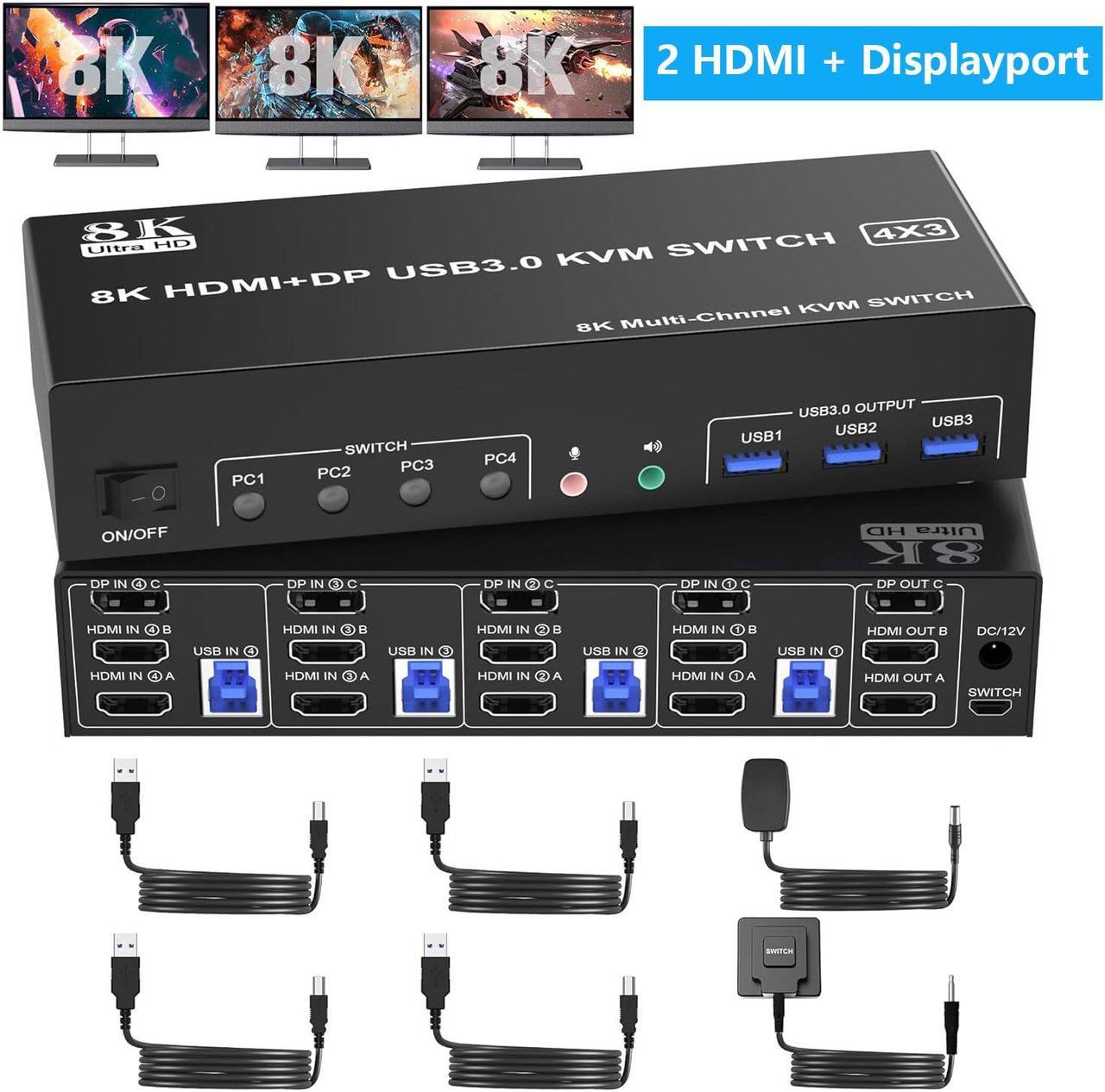 AUTYUE 8K@60Hz KVM Switch 3 Monitors 4 Computers 4K@144Hz, 2 HDMI + 1 DisplayPort KVM Switch Triple Monitor for 4 Computer with Audio and 3 USB 3.0 Ports, 3 Monitor KVM Switch Keyboard Mouse Switcher