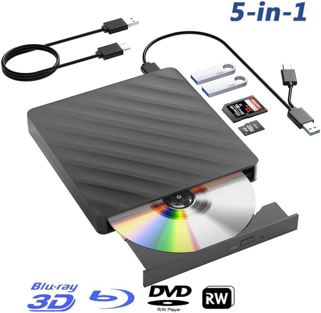 AUTYUE External Blu Ray Drive, 5 in 1 Portable Blu Ray Player with USB 3.0 Type-C, CD DVD Burner 3D Blu Ray with 2 USB Ports & SD/TF Port, External Blu-Ray CD/DVD Drive Compatible with Laptop Desktop