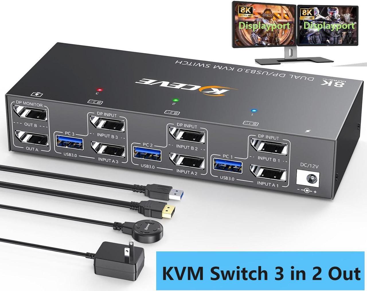 AUTYUE Dual Monitor Displayport KVM Switch 2 Monitors 3 Computers 8K@60Hz 4K@144Hz, 2 Monitors DP KVM Switch with 4 USB 3.0 Ports for Keyboard Mouse Printer, with Wired Remote and 12V Power Adapter