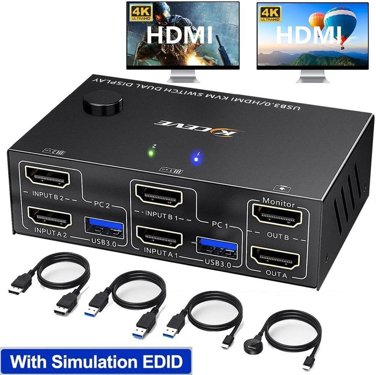 AUTYUE USB 3.0 HDMI KVM Switch 4K@60Hz, 2 PC 2 Monitor, EDID emulator, 2 in 2 Out Dual Monitor HDMI KVM Switch for 2 Computers Share 2 Displays and 4 USB 3.0 Ports, Wired Remote and Cables Included