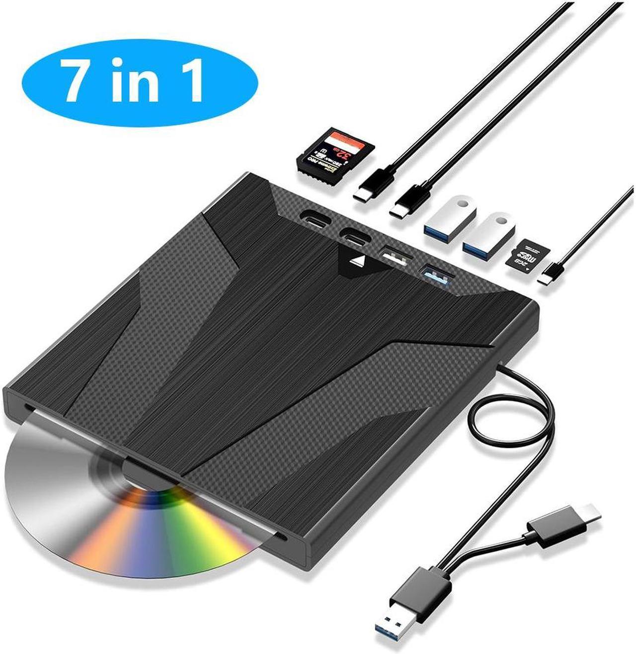 AUTYUE 7 in 1 External CD/DVD Drive for Laptop, Slot-Loading External DVD Drive with SD/TF Port, CD Burner External CD DVD Drive for Laptop USB-A USB-C, Portable CD/DVD Writer for Laptop & Desktop