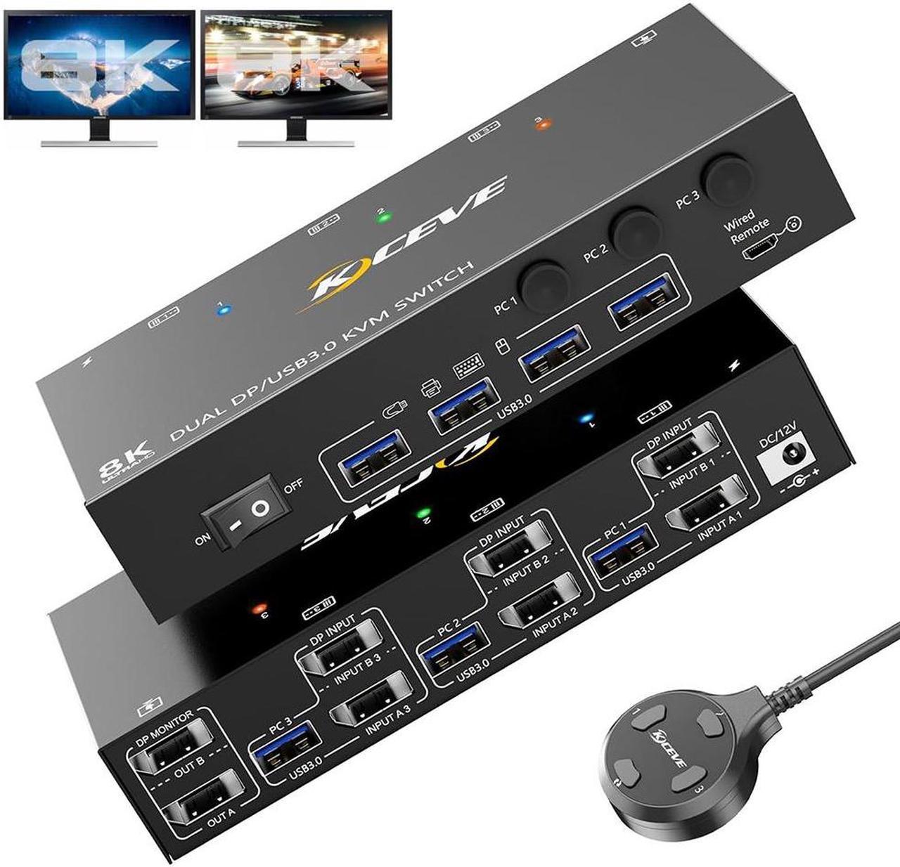 AUTYUE 8K Displayport KVM Switch 2 Monitors 3 Computer, Dual Monitors USB 3.0 Displayport KVM Switcher, Supports 8K@60Hz for 3 DP Port PC Share 2 DP Monitors, Keyboard and Mouse, included Wired Remote