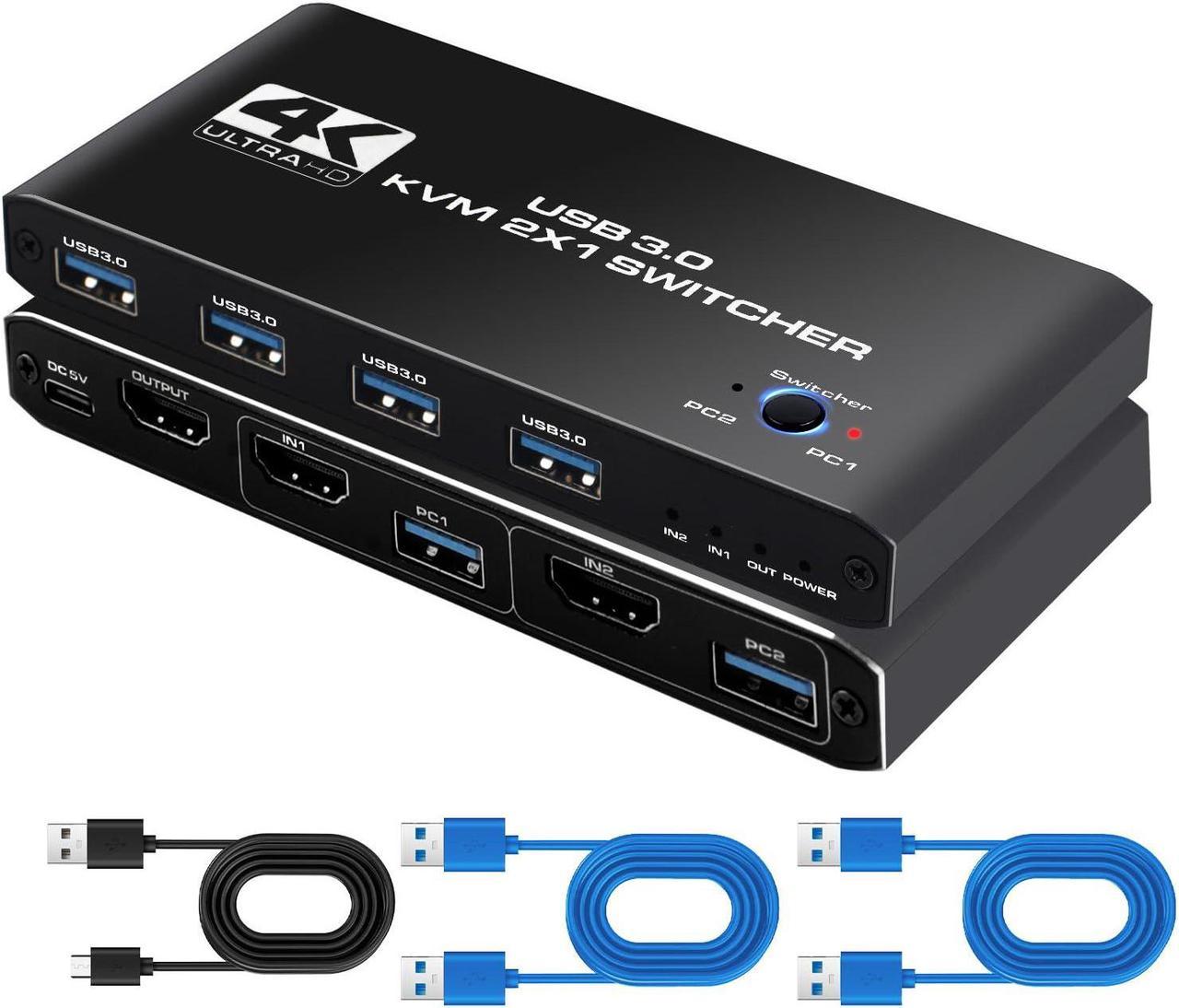 AUTYUE 2 Port HDMI KVM Switch 2 in 1 Out, 4 port - USB 3.0 HDMI KVM Switches 4K@60Hz for 2 Computers Share 1 Monitor, Keyboard Mouse USB Devices - Including 2 USB 3.0 cables