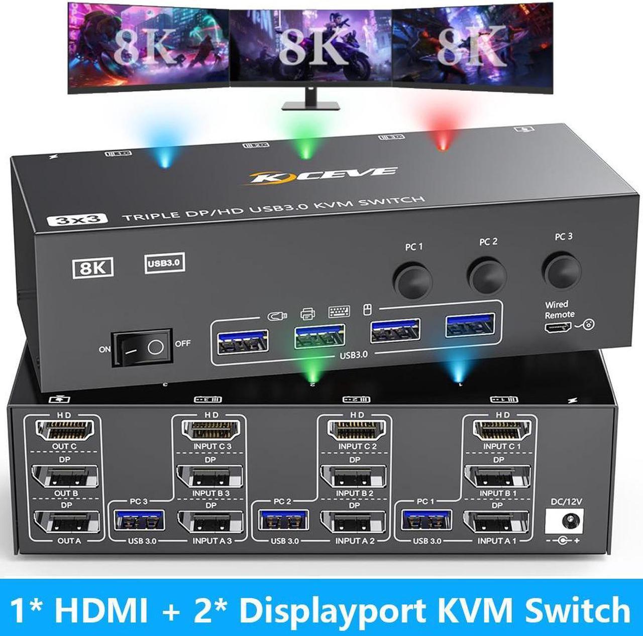 AUTYUE KVM Switch 3 Monitors 3 Computers, 8K@60Hz 4K@144Hz Triple Monitor HDMI + 2 DP KVM Switch, 1 HDMI + 2 Displayport KVM Switch with 4 USB 3.0 Ports, 3 Monitor KVM with Power Adapter, Wired Remote