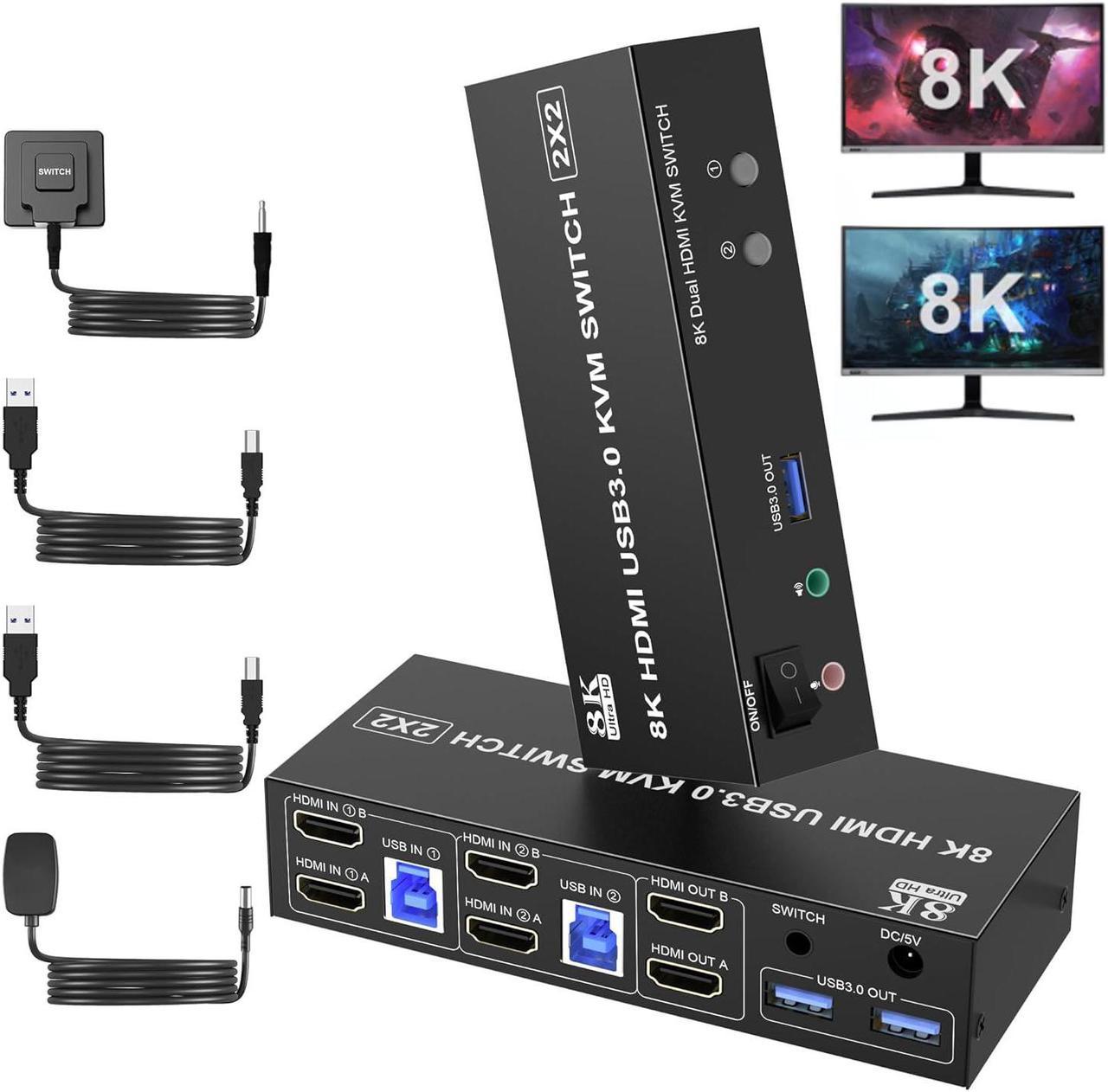 AUTYUE 8K@60Hz USB 3.0 Dual Monitor HDMI KVM Switch, HDMI KVM Switch for 2 Monitors 2 Computers with 3 USB3.0 Ports, Extended Display Switcher with Audio Microphone, PC Monitor Keyboard Mouse Switcher