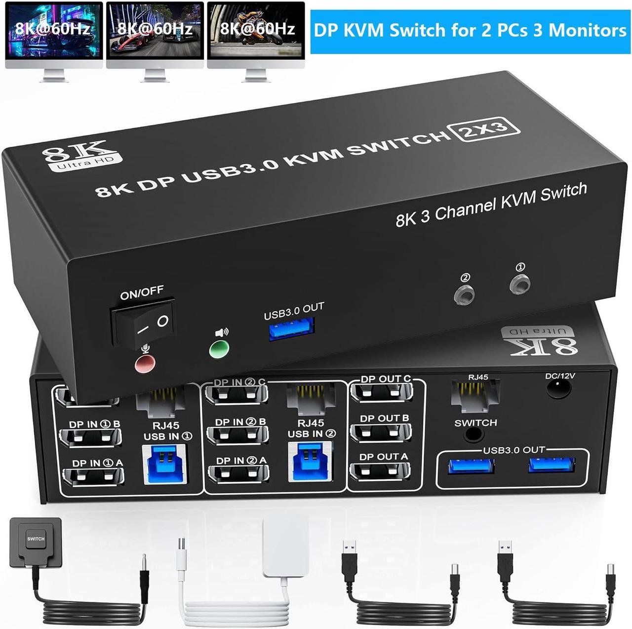 AUTYUE 8K@60Hz Displayport KVM Switch 3 Monitors 2 Computers 4K@144Hz, DP USB 3.0 KVM Switch Triple Monitor for 2 PCs Share 3 Monitors, RJ45 Ethernet Splitter 1 to 2, Audio Mic Port and 3 USB 3.0 Port