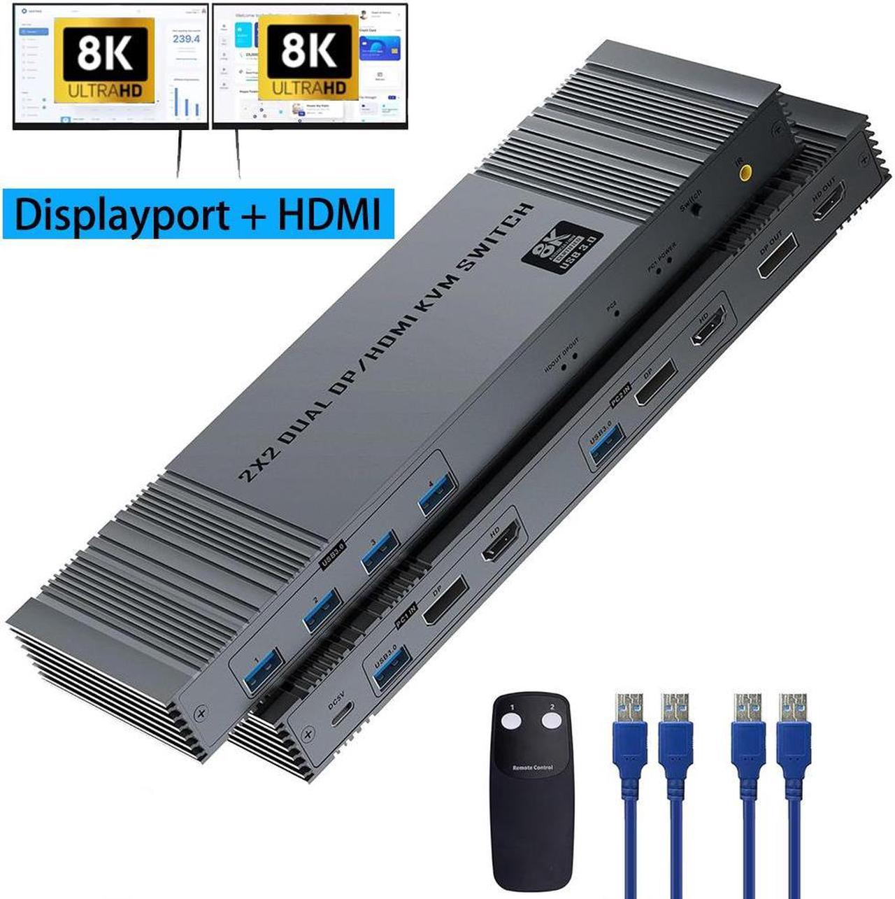 AUTYUE 4K120Hz KVM Switch 2 Monitors 2 Computers, 8K@60Hz HDMI DisplayPort Dual Monitor KVM Switch with 4 USB3.0 Port Share Keyboard Mouse,Support Extended/Copy Mode with 2 USB3.0 Cable and Controller