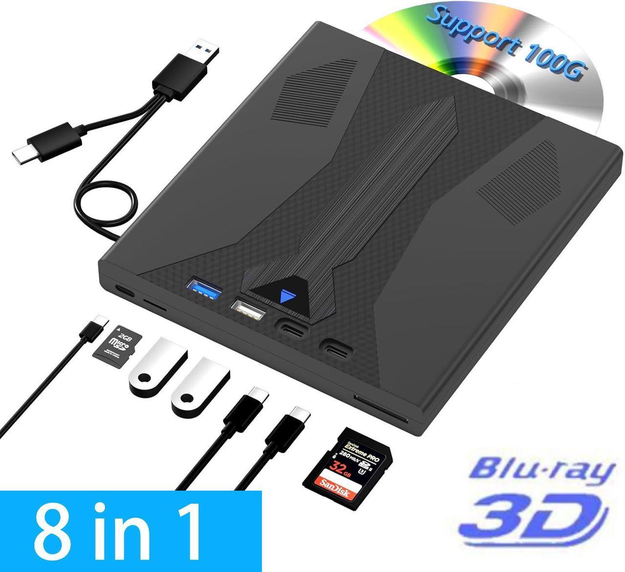 AUTYUE 8 in 1 External Blu Ray Drive, USB 3.0 and Type-C Blu Ray Burner Portable Blu Ray DVD/CD/BD Player, Support 100G Disc 3D Optical Bluray Drive Compatible with Laptop Desktop Windows MacOS