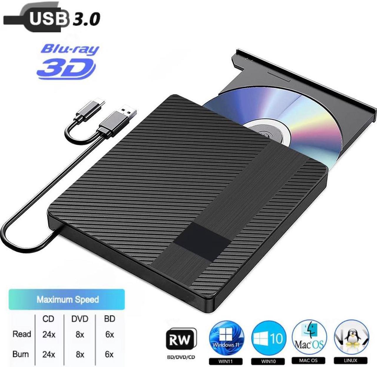 AUTYUE External Blu-ray Drives, Portable DVD/CD/BD Player for Laptop, USB 3.0 Type-C External CD DVD Burner Reader 3D Optical Bluray Drive Compatible with Laptop Desktop Windows XP/7/8/10/11 Mac OS