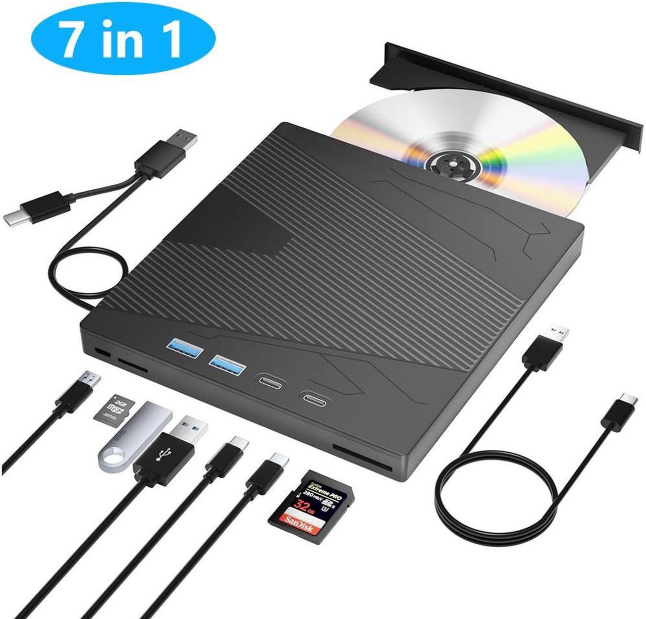 AUTYUE 7 in 1 External CD DVD Drive, USB3.0 Portable CD/DVD +/-RW Drive/DVD Player With SD/TF Card Reader 4 USB Ports CD ROM Burner Compatible With Laptop Desktop PC Windows 7/8/10/11/XP, Linux, MacOS