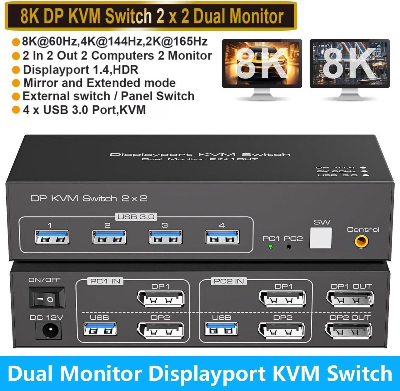 AUTYUE 2 Port DisplayPort Dual Monitor KVM Switch 8K@60Hz 4K@120Hz, USB 3.0 DP1.4 KVM Switcher 2 in 2 Out for 2 Computers 2 Monitors with 4 Ports USB 3.0 Support Copy and Extended Display