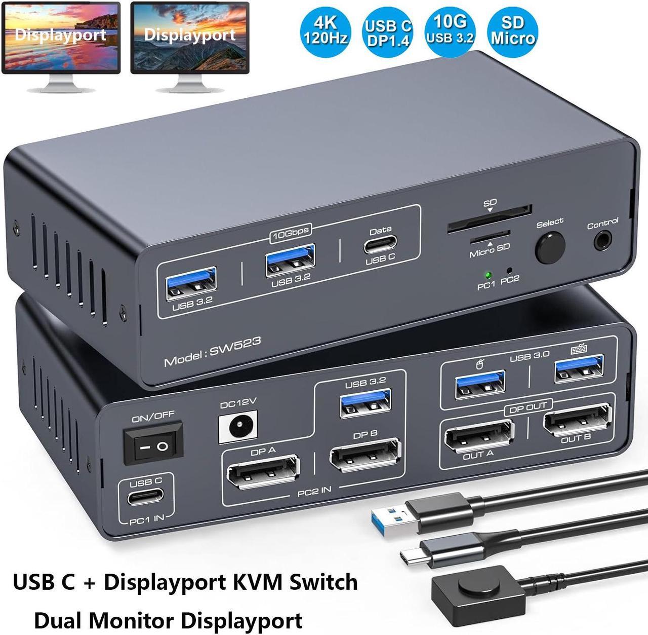 AUTYUE KVM Switch Docking Station 4K@120Hz USB C Displayport KVM Switch 2 Monitors 2 Computers Displayport Dual Monitor KVM-Switches for Laptop and Desktop Share 13-in-1 Dock, with Wired Remote