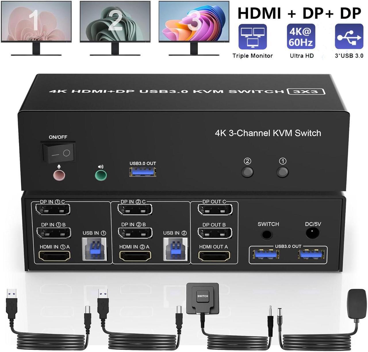 AUTYUE HDMI + 2 Displayport USB 3.0 KVM Switch Triple Monitor for 2 Computers, 4K@60Hz KVM Switch for 2 Computers 3 Monitors with Audio Microphone Output and 3 USB 3.0 Ports, Keyboard Mouse Switcher