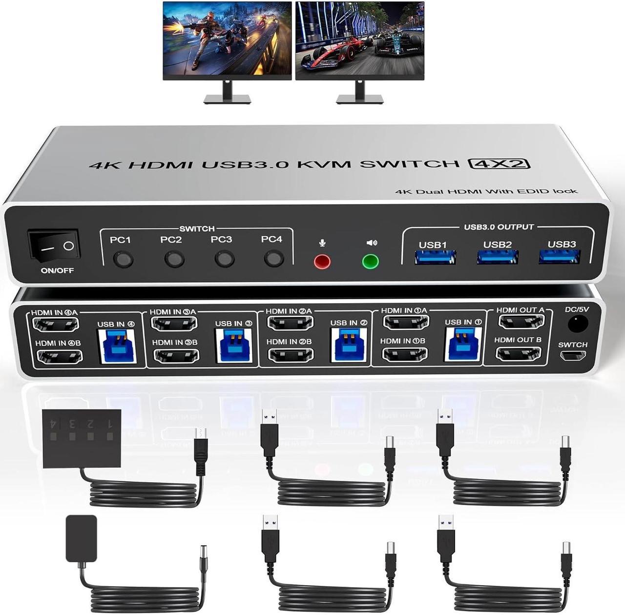 AUTYUE USB 3.0 HDMI KVM Switch 4 Computers 2 Monitors, Supports EDID, 4K@60Hz KVM Switch HDMI 2 Monitor 4 PC with Audio Microphone and 3 USB 3.0 Ports, 4 Port HDMI Dual Monitor KVM Switch for 4PCs