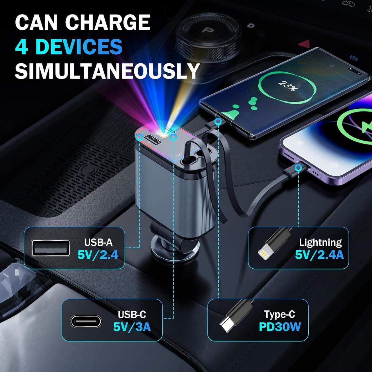 Alt view image 4 of 7 - AUTYUE Car Charger with Starlight, 66W USB C Car Charger Adapter, 4 in 1 Retractable Car Charger with 2 USB Ports Car Phone Charger, Fast Car Charger for i-Ph-one 16/15/14/13/12/11, for Android Phones