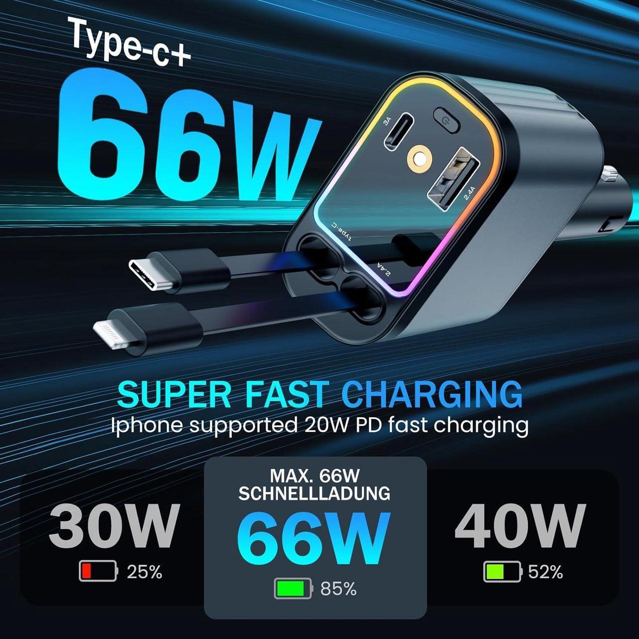 Alt view image 3 of 7 - AUTYUE Car Charger with Starlight, 66W USB C Car Charger Adapter, 4 in 1 Retractable Car Charger with 2 USB Ports Car Phone Charger, Fast Car Charger for i-Ph-one 16/15/14/13/12/11, for Android Phones