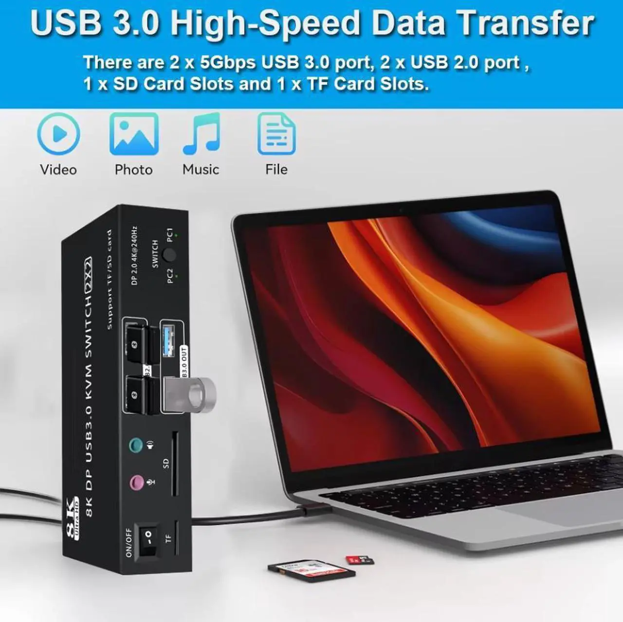 Alt view image 5 of 7 - AUTYUE 4K@240Hz Dual Monitor DP 2.0 KVM Switch, 8K@60Hz USB 3.0 Displayport KVM Switch 2 in 2 out, Displayport KVM Switch 2 Monitors 2 PCs, with Audio Microphone Output and 4  USB Ports & SD/TF Solts
