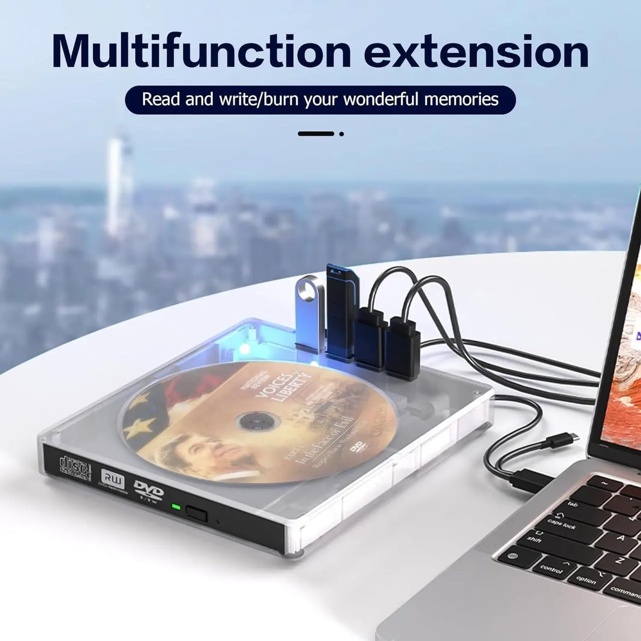Alt view image 3 of 7 - AUTYUE 7 in 1 External CD DVD Drive for Laptop with 4 USB Ports and TF/SD Card Slots, USB 3.0 Portable CD/DVD Disk Drive Player CD DVD Burner Reader Writer for Laptop PC Windows 11/10/8/7 Linux OS