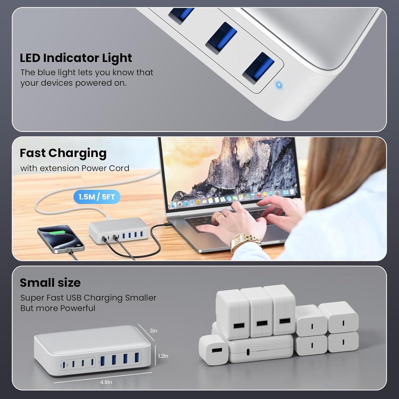Alt view image 6 of 7 - AUTYUE USB C Charger 200W USB C Charger Block, GaN III 8-Port Fast Charging Station Hub,PD 65W Laptop Charging Adapter Compatible with Mac-Book Pro/Air,DE-LL,Steam Deck,i-Phone 16/15/14,Galaxy S23/22
