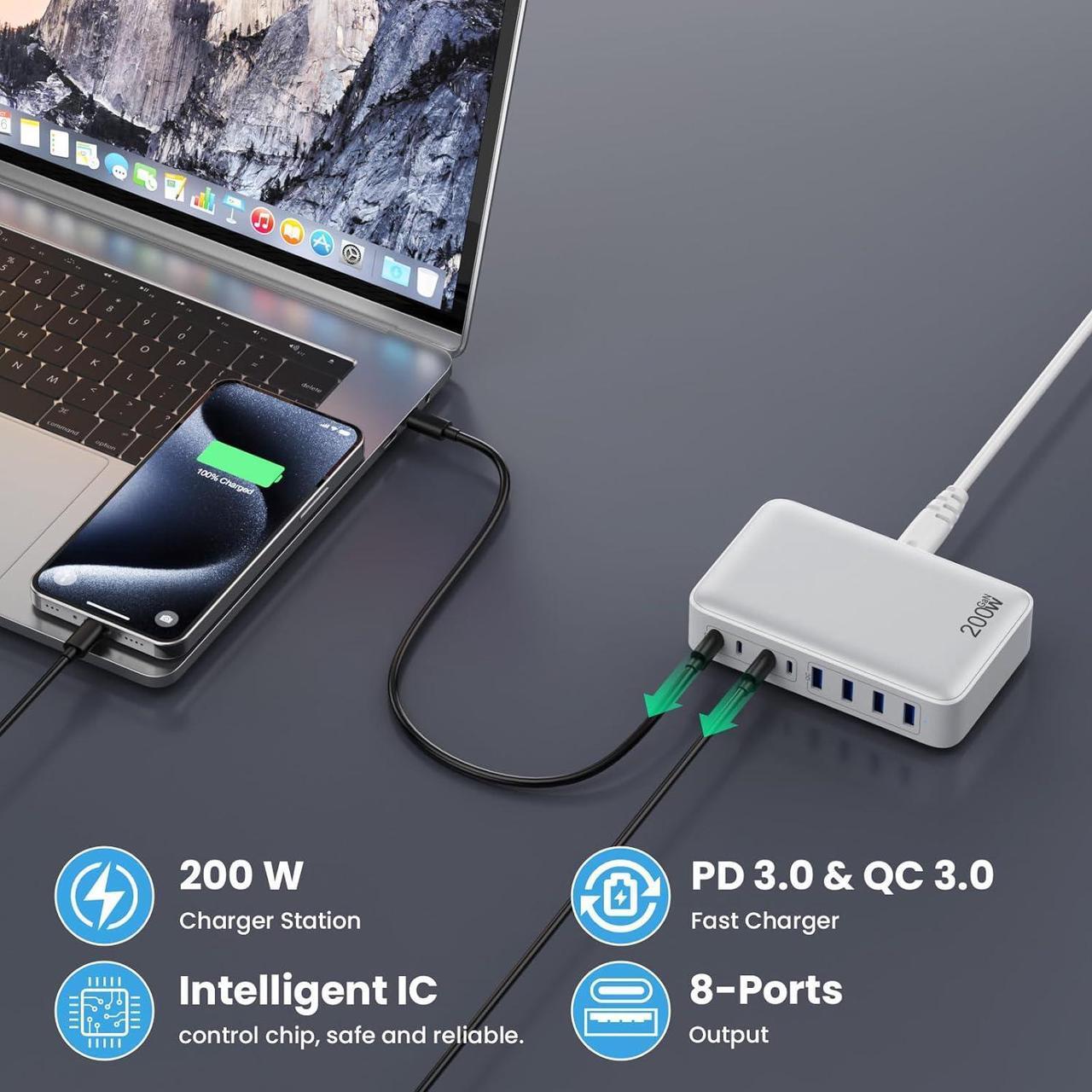 Alt view image 5 of 7 - AUTYUE USB C Charger 200W USB C Charger Block, GaN III 8-Port Fast Charging Station Hub,PD 65W Laptop Charging Adapter Compatible with Mac-Book Pro/Air,DE-LL,Steam Deck,i-Phone 16/15/14,Galaxy S23/22