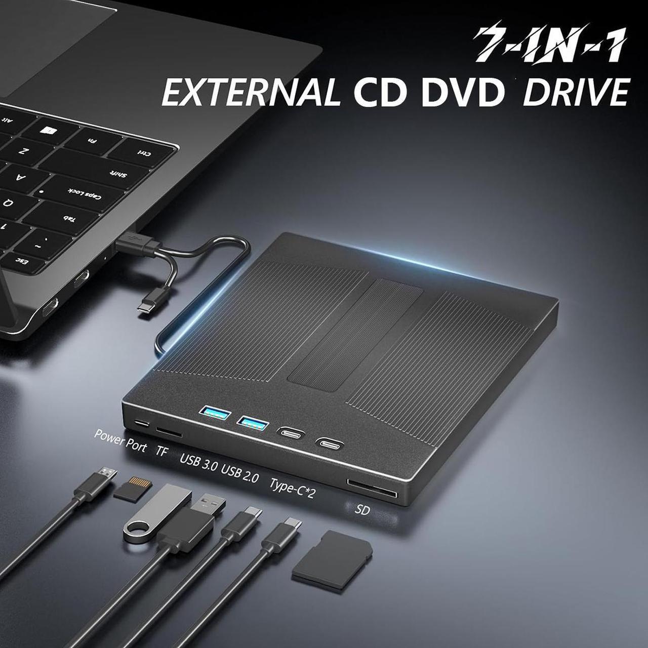Alt view image 2 of 7 - AUTYUE External CD/DVD Drive, 7 in 1 External USB DVD Drive with 2 USB A + 2 Type C and TF/SD Card Slots CD Optical Drive for Laptop, CD Reader for PC Compatible with Windows XP/11/10/8/7 Linux Mac OS