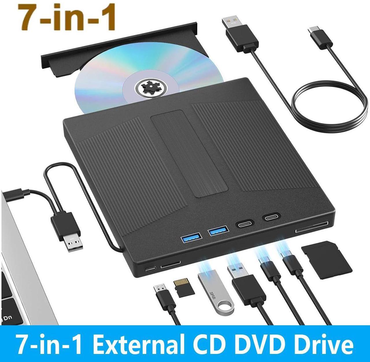Main image of AUTYUE External CD/DVD Drive, 7 in 1 External USB DVD Drive with 2 USB A + 2 Type C and TF/SD Card Slots CD Optical Drive for Laptop, CD Reader for PC Compatible with Windows XP/11/10/8/7 Linux Mac OS