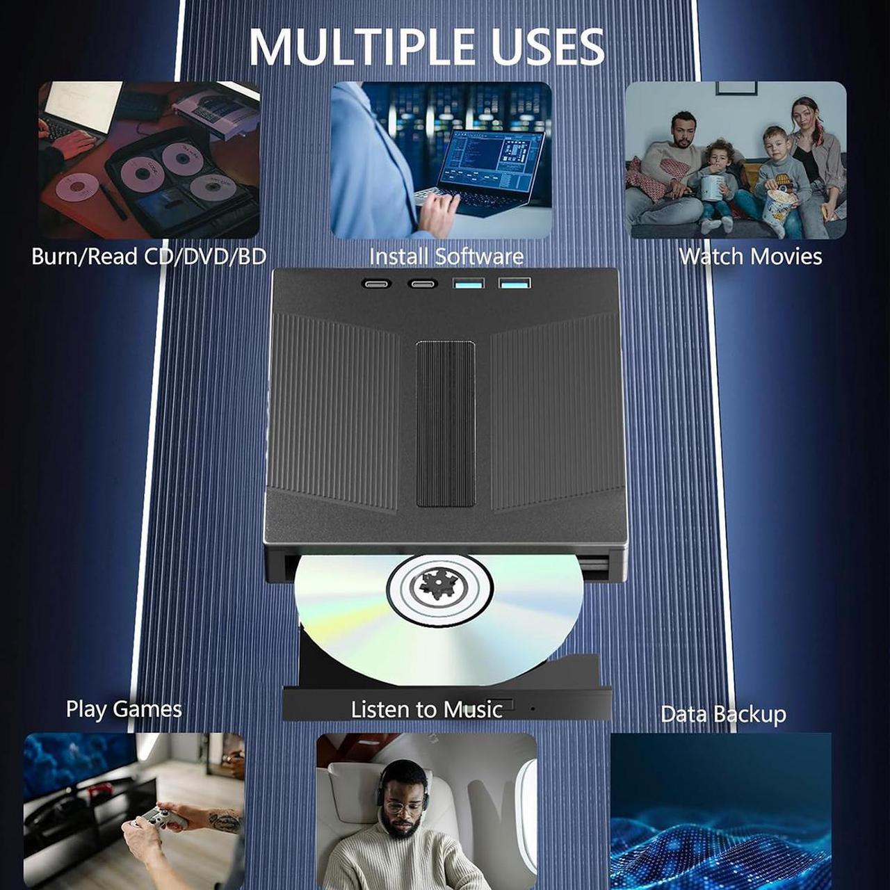 Alt view image 6 of 7 - AUTYUE External CD/DVD Drive, 7 in 1 External USB DVD Drive with 2 USB A + 2 Type C and TF/SD Card Slots CD Optical Drive for Laptop, CD Reader for PC Compatible with Windows XP/11/10/8/7 Linux Mac OS