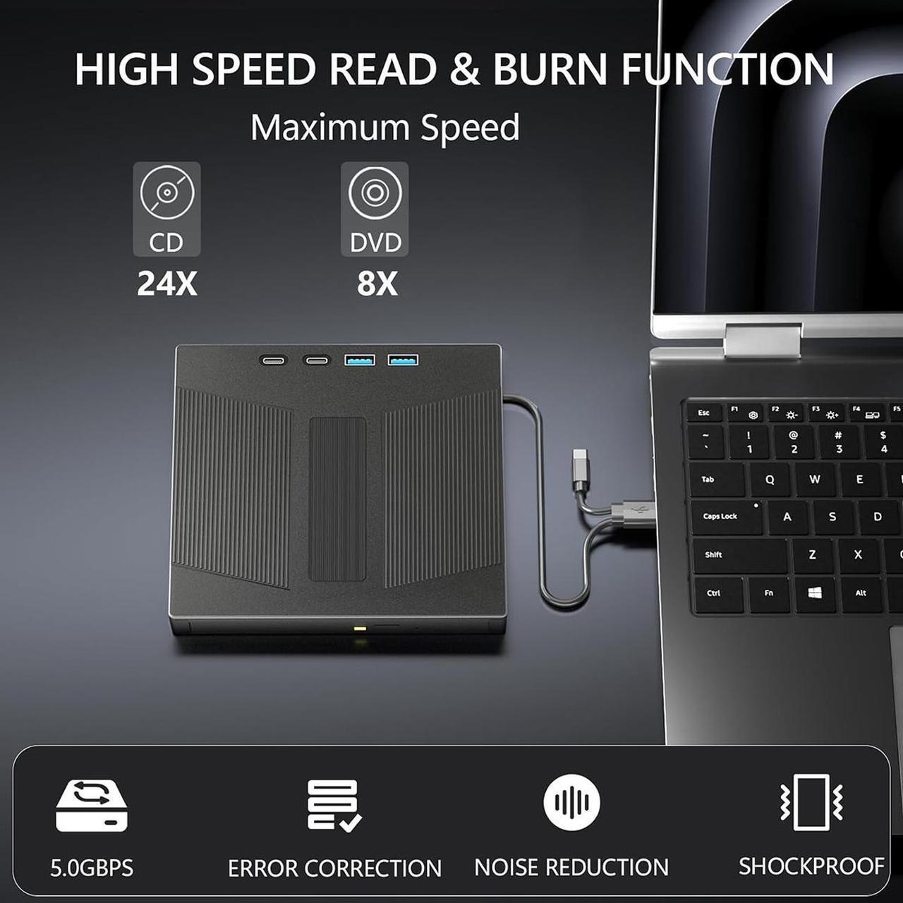 Alt view image 3 of 7 - AUTYUE External CD/DVD Drive, 7 in 1 External USB DVD Drive with 2 USB A + 2 Type C and TF/SD Card Slots CD Optical Drive for Laptop, CD Reader for PC Compatible with Windows XP/11/10/8/7 Linux Mac OS