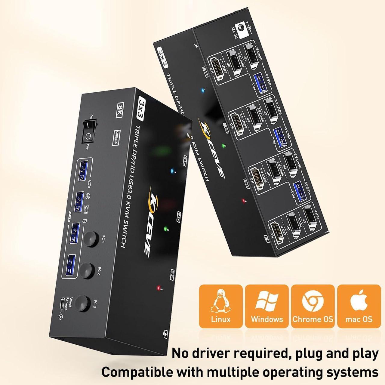 Alt view image 7 of 7 - AUTYUE KVM Switch 3 Monitors 3 Computers, 8K@60Hz/4k@144Hz HDMI + 2 Displayport Triple Monitor KVM Switches for 3 PCs Share 3 Displays and 4 USB 3.0 Devices, Included USB Cables and Wired Remote