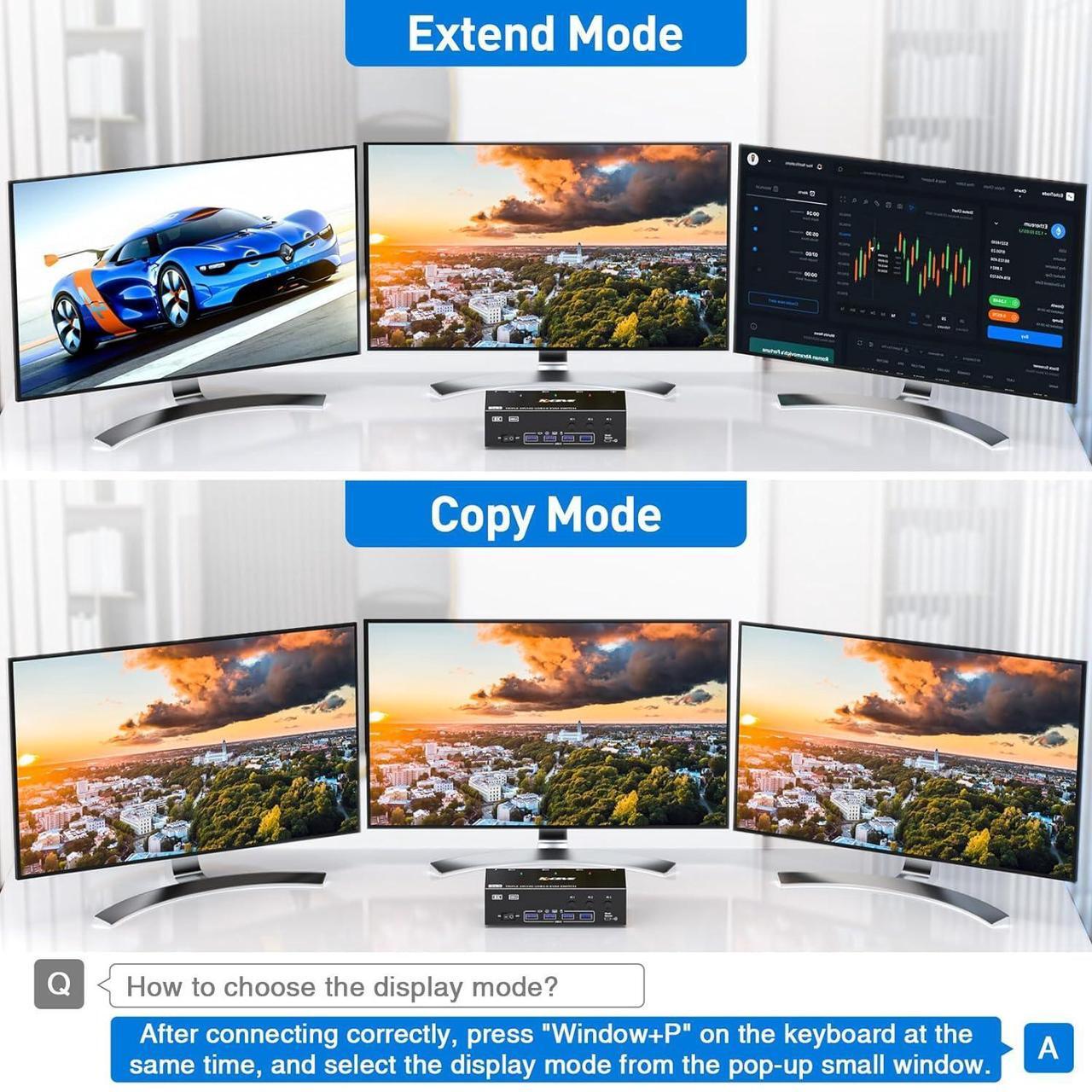 Alt view image 3 of 7 - AUTYUE KVM Switch 3 Monitors 3 Computers, 8K@60Hz/4k@144Hz HDMI + 2 Displayport Triple Monitor KVM Switches for 3 PCs Share 3 Displays and 4 USB 3.0 Devices, Included USB Cables and Wired Remote