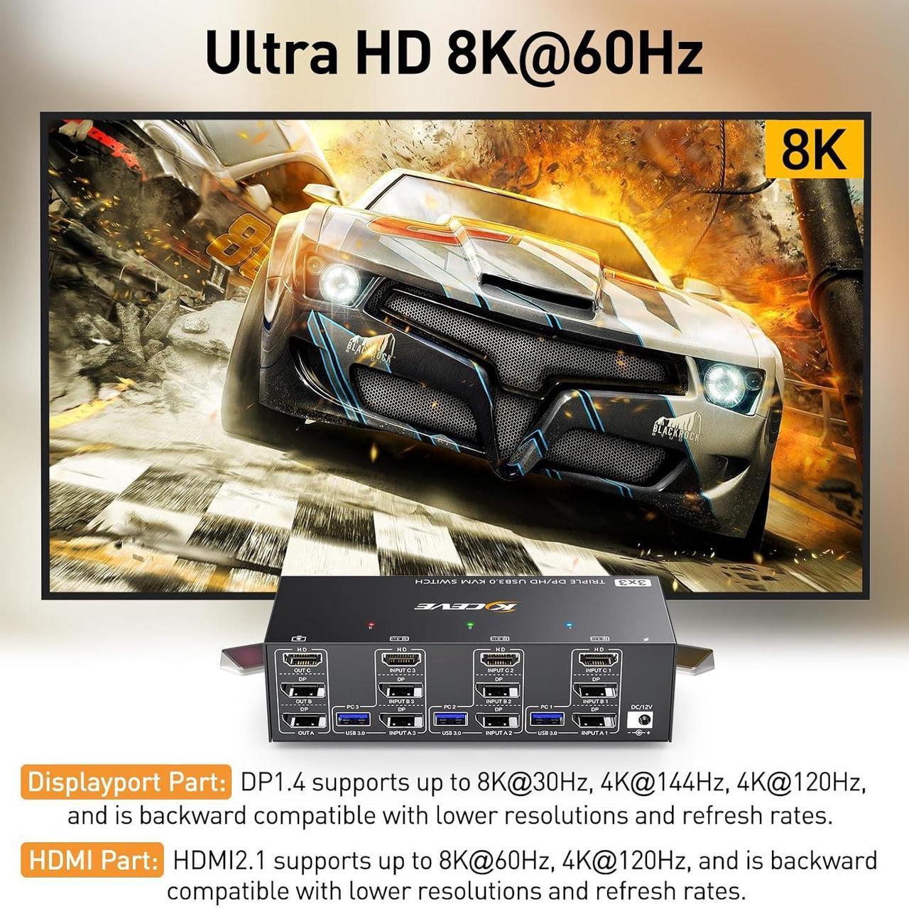 Alt view image 5 of 7 - AUTYUE KVM Switch 3 Monitors 3 Computers, 8K@60Hz/4k@144Hz HDMI + 2 Displayport Triple Monitor KVM Switches for 3 PCs Share 3 Displays and 4 USB 3.0 Devices, Included USB Cables and Wired Remote
