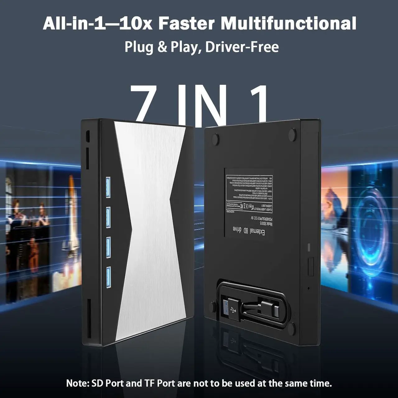 Alt view image 3 of 7 - AUTYUE 7 in 1 External Blu Ray Drives, Portable Blu Ray Burner USB 3.0 Type-C UHD BD Player with SD/TF Port, CD/DVD Burner R/W 3D Blu Ray Drive, External 4K BluRay Drive Compatible with Windows Mac OS