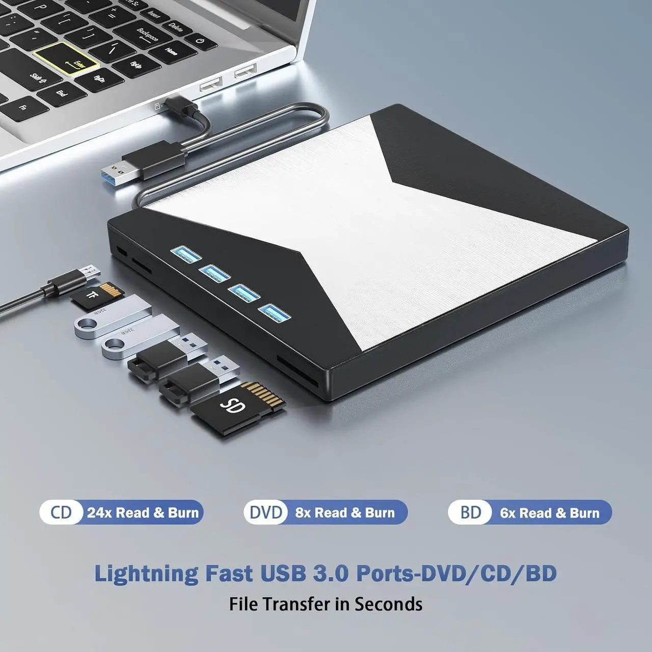 Alt view image 2 of 7 - AUTYUE 7 in 1 External Blu Ray Drives, Portable Blu Ray Burner USB 3.0 Type-C UHD BD Player with SD/TF Port, CD/DVD Burner R/W 3D Blu Ray Drive, External 4K BluRay Drive Compatible with Windows Mac OS
