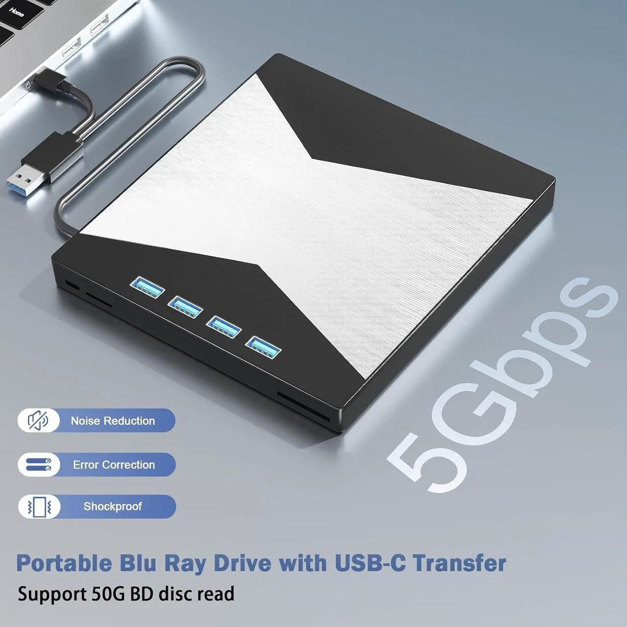 Alt view image 4 of 7 - AUTYUE 7 in 1 External Blu Ray Drives, Portable Blu Ray Burner USB 3.0 Type-C UHD BD Player with SD/TF Port, CD/DVD Burner R/W 3D Blu Ray Drive, External 4K BluRay Drive Compatible with Windows Mac OS