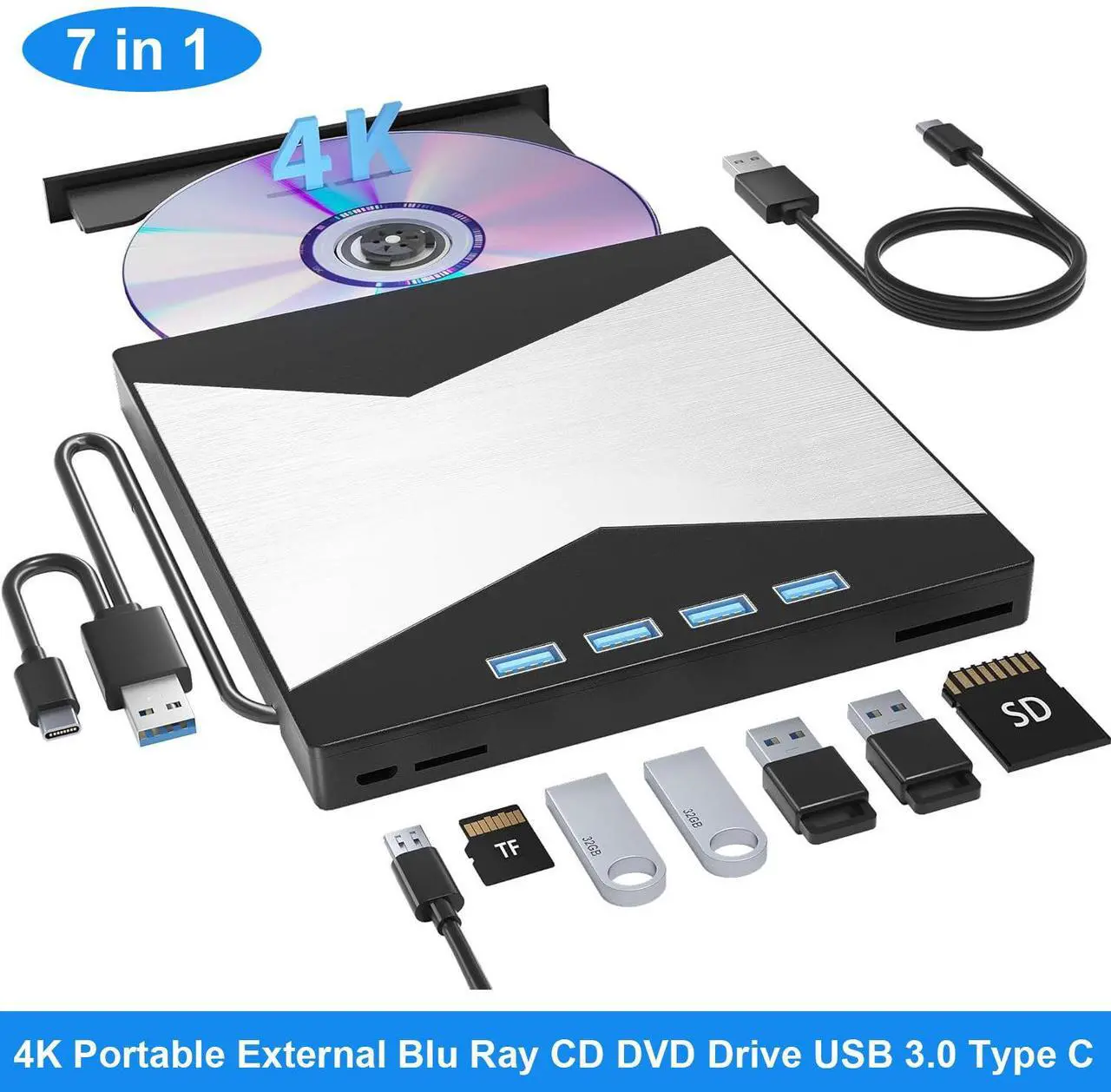 Main image of AUTYUE 7 in 1 External Blu Ray Drives, Portable Blu Ray Burner USB 3.0 Type-C UHD BD Player with SD/TF Port, CD/DVD Burner R/W 3D Blu Ray Drive, External 4K BluRay Drive Compatible with Windows Mac OS
