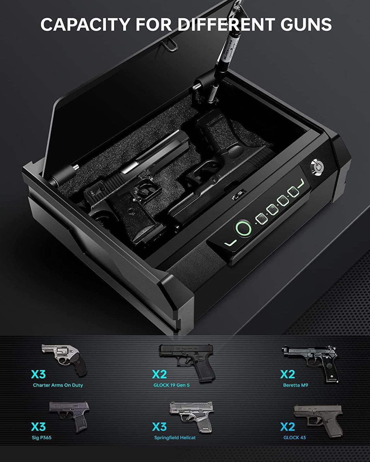 Alt view image 2 of 7 - TIGERKING Gun Safe,Biometric Gun Safe for Pistols,Quick Access Pistol Safe with Mute Mode and Auto-Open Lid Device,Sturdy Fingerprint Portable Handgun Safe for Home,Bedside Nightstand,Car,Travel