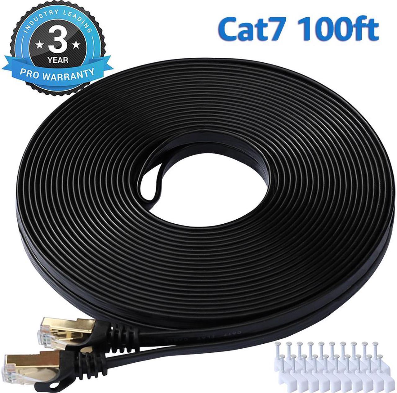 Cat 7 Ethernet Cable 100 ft LAN Cable Internet Network Cord for PS4, Xbox, Router, Modem, Gaming, Black Flat Shielded 10 Gigabit RJ45 High Speed Computer Patch Wire.