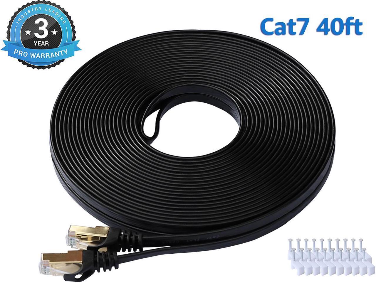 Cat 7 Ethernet Cable 40 ft LAN Cable Internet Network Cord for PS4, Xbox, Router, Modem, Gaming, Black Flat Shielded 10 Gigabit RJ45 High Speed Computer Patch Wire.