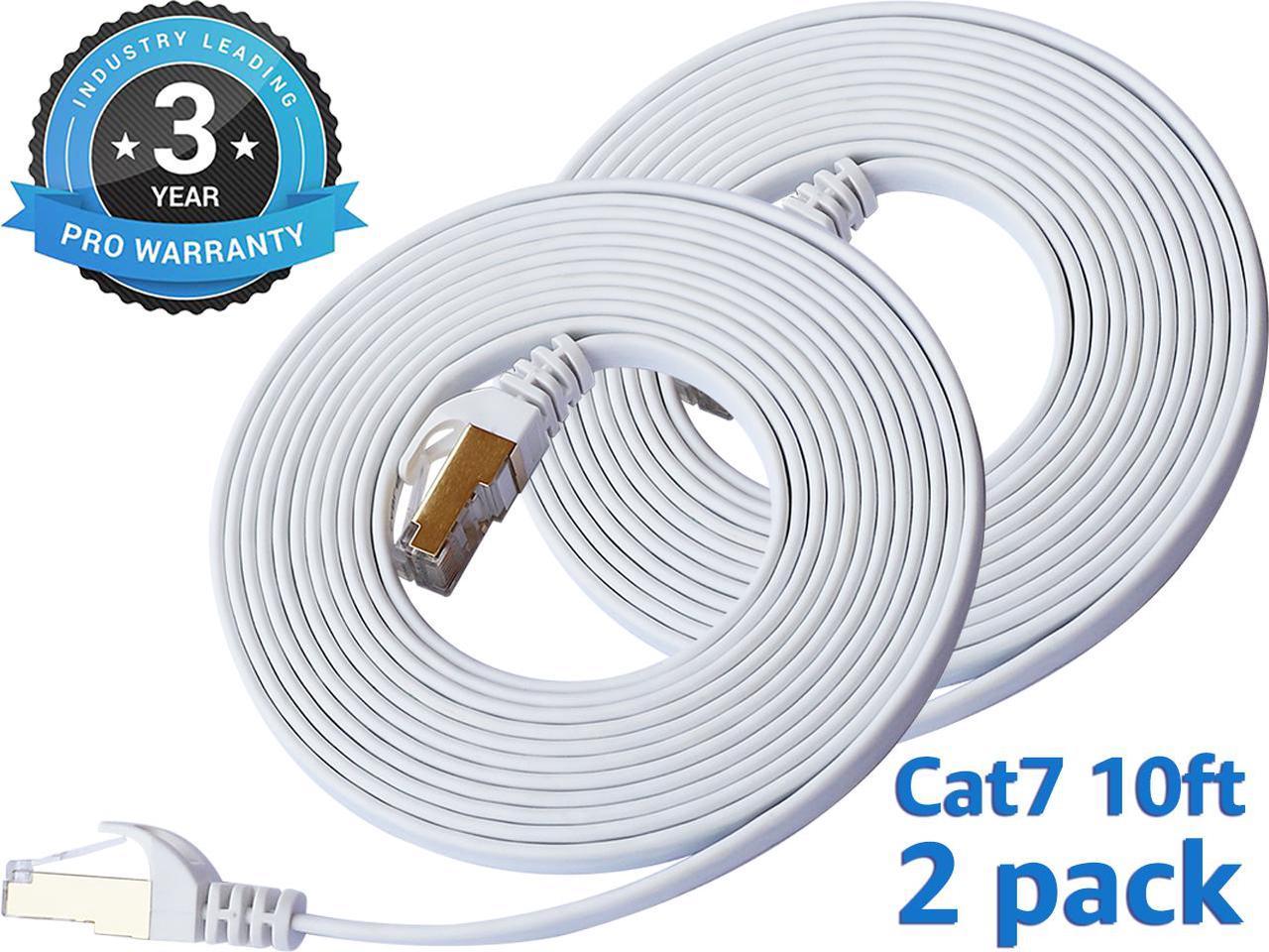 Cat 7 Ethernet Cable 10 ft 2 pack LAN Cable Internet Network Cord for PS4, Xbox, Router, Modem, Gaming, White Flat Shielded 10 Gigabit RJ45 High Speed Computer Patch Wire.