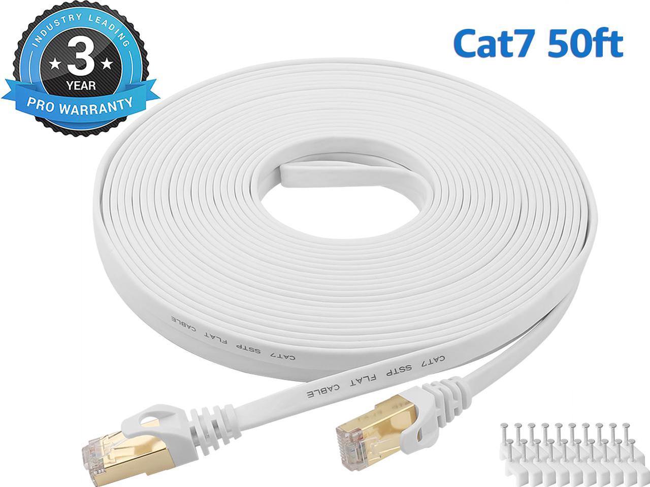 Cat 7 Ethernet Cable 50 ft LAN Cable Internet Network Cord for PS4, Xbox, Router, Modem, Gaming, White Flat Shielded 10 Gigabit RJ45 High Speed Computer Patch Wire.