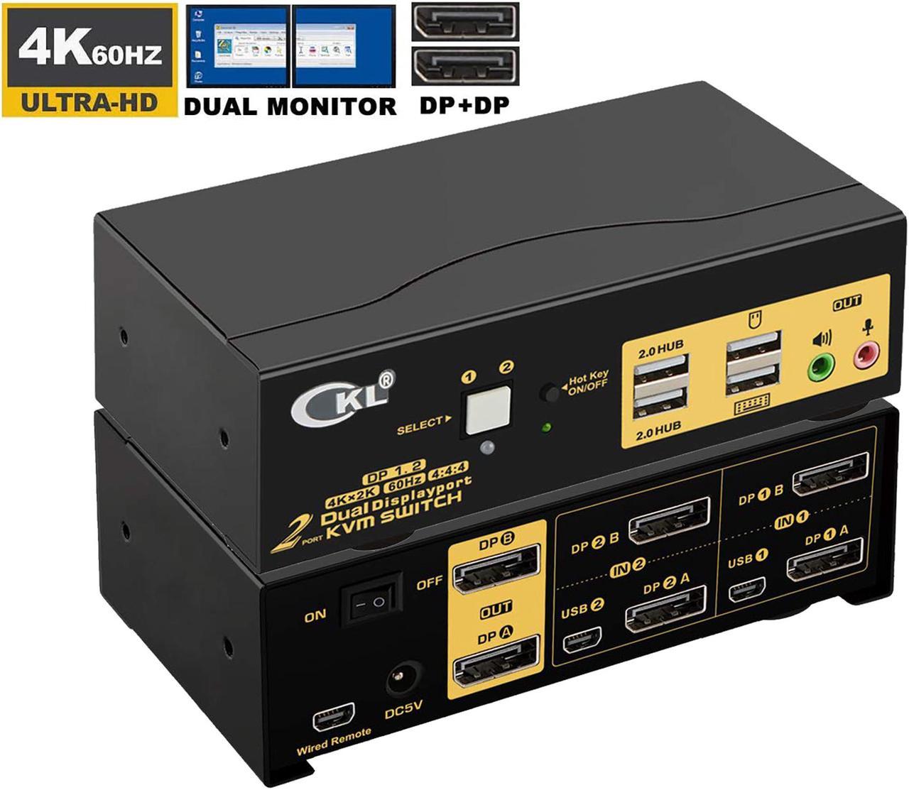 2 Port KVM Switch Dual Monitor DisplayPort 4K 60Hz, 2 Computers x 2 Monitors KVM Switch with Audio and USB 2.0 HUBS DP 1.2 622DP