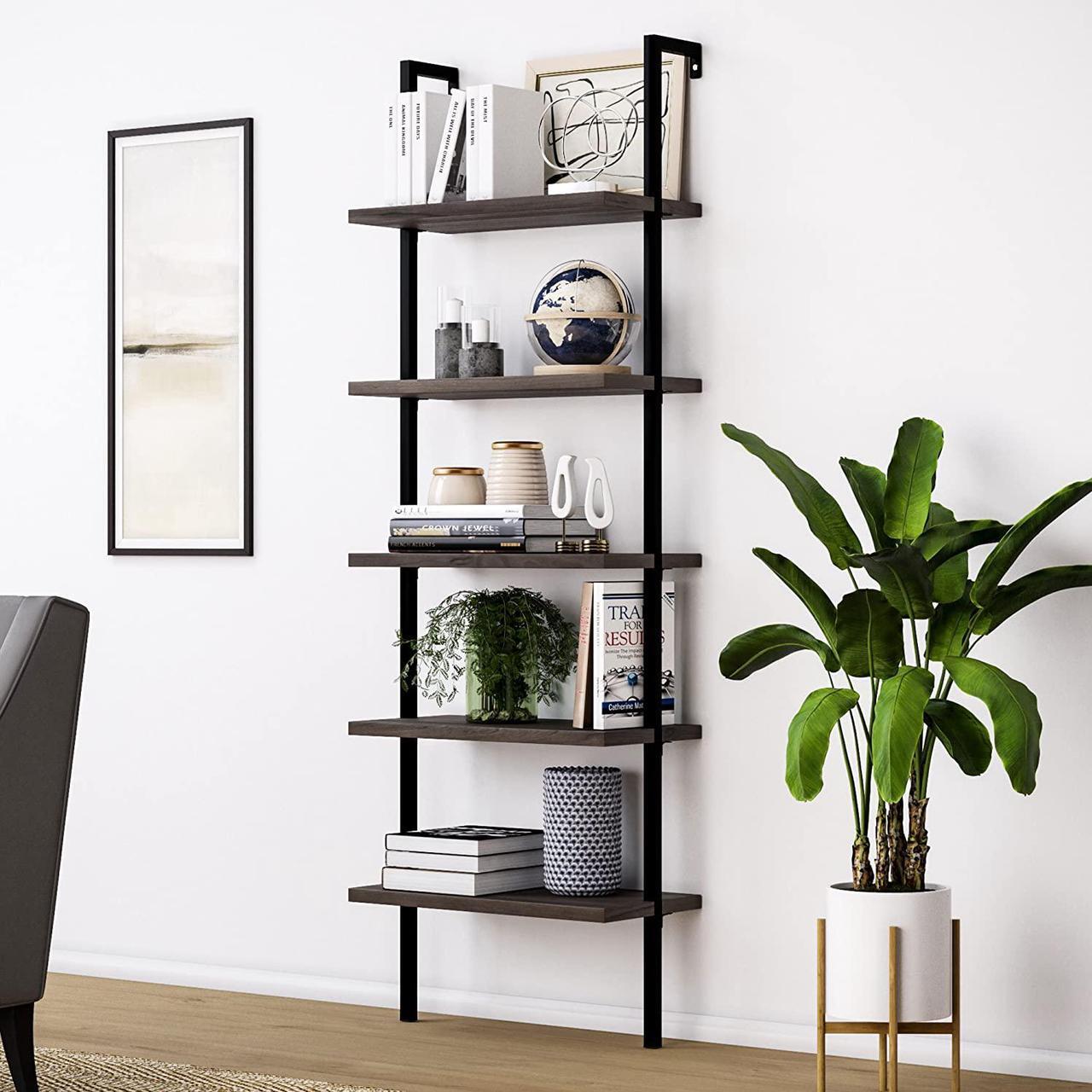 Alt view image 4 of 4 - 5-Shelf Wood Ladder Bookcase with Metal Frame, Industrial 5-Tier Modern Ladder Shelf Wood Shelves,Dark Walnut