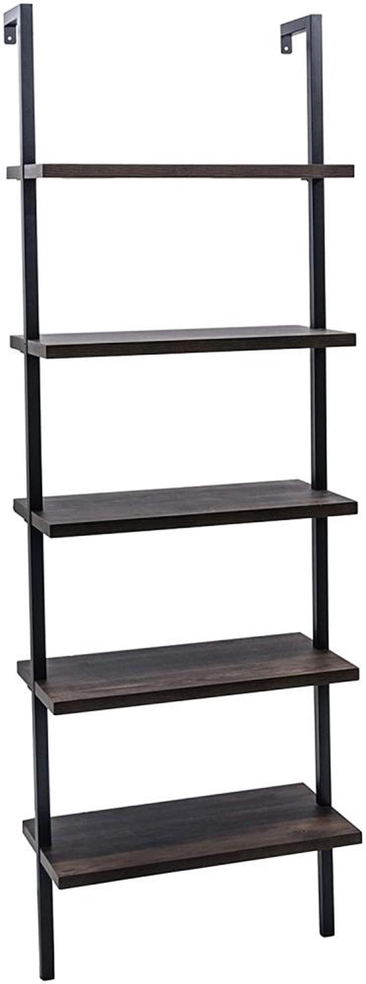 Main image of 5-Shelf Wood Ladder Bookcase with Metal Frame, Industrial 5-Tier Modern Ladder Shelf Wood Shelves,Dark Walnut